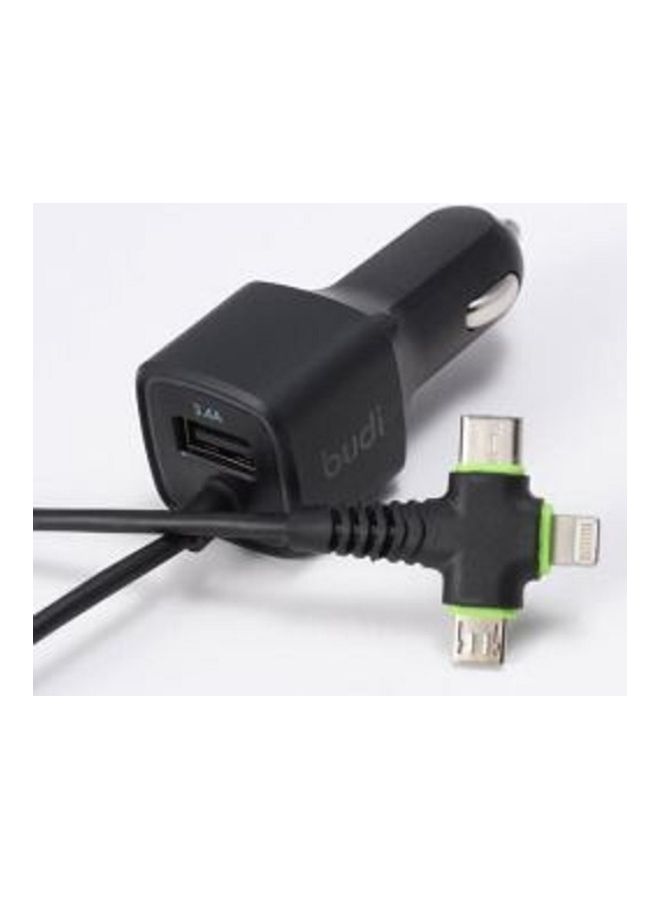 budi 17W Car Charger With 3-In-1 Cable Black  - Image 4