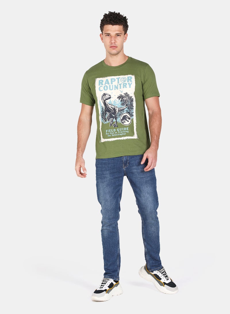 DRIP - Graphic Printed Crew Neck T-Shirt Olive/White/Grey - Image 1