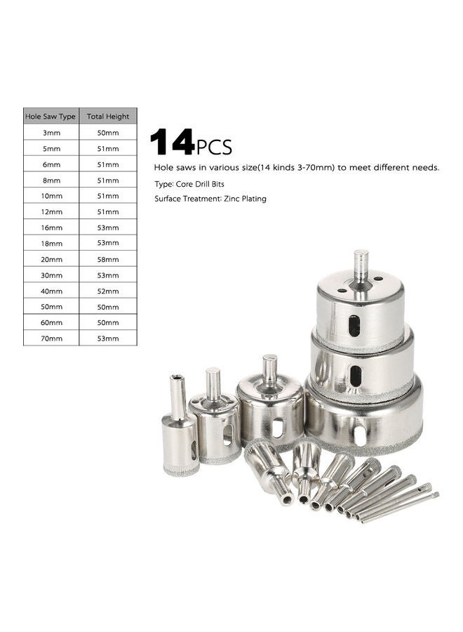 14-Piece 3-70mm Glass Hole Saw Kit Silver 12.00X7.00X8.00cm - Image 2