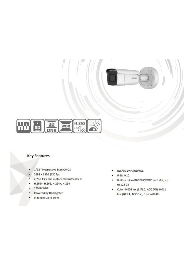 هيك فيجن DS-2CD3645G0-IZSUHK 4MP IR Bullet Network Camera, 2.7–13.5mm Motorized Varifocal Lens, 60m IR Night Vision, H.265+, 120dB WDR, Face Detection & Smart Analytics, Audio & Alarm I/O, microSD Slot, PoE, IP67, IK10 - Image 1