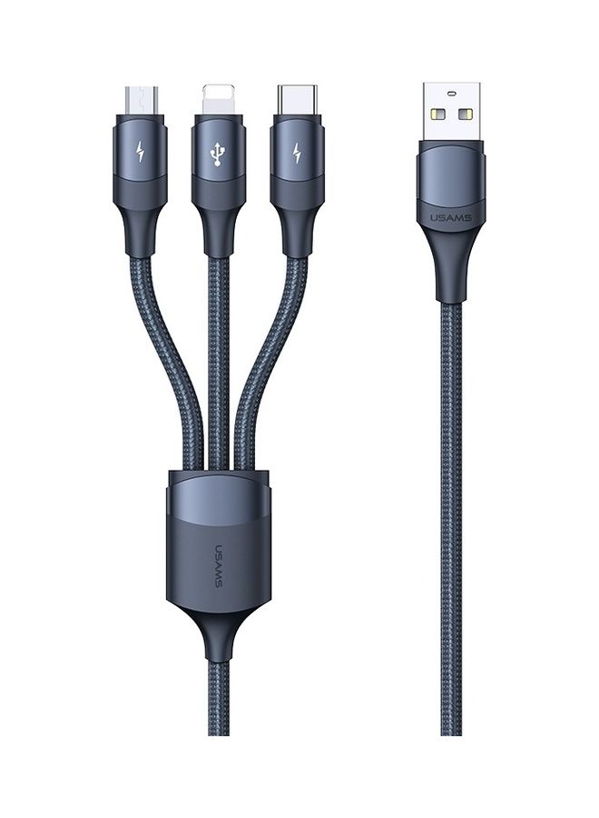 Usams 3 in 1 Aluminum Alloy 3A Fast Charging Data Cable with 3 Ports Blue - Image 1