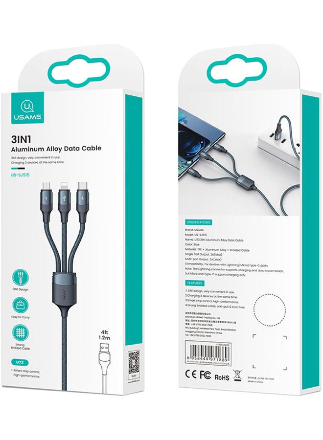 Usams 3 in 1 Aluminum Alloy 3A Fast Charging Data Cable with 3 Ports Blue - Image 3