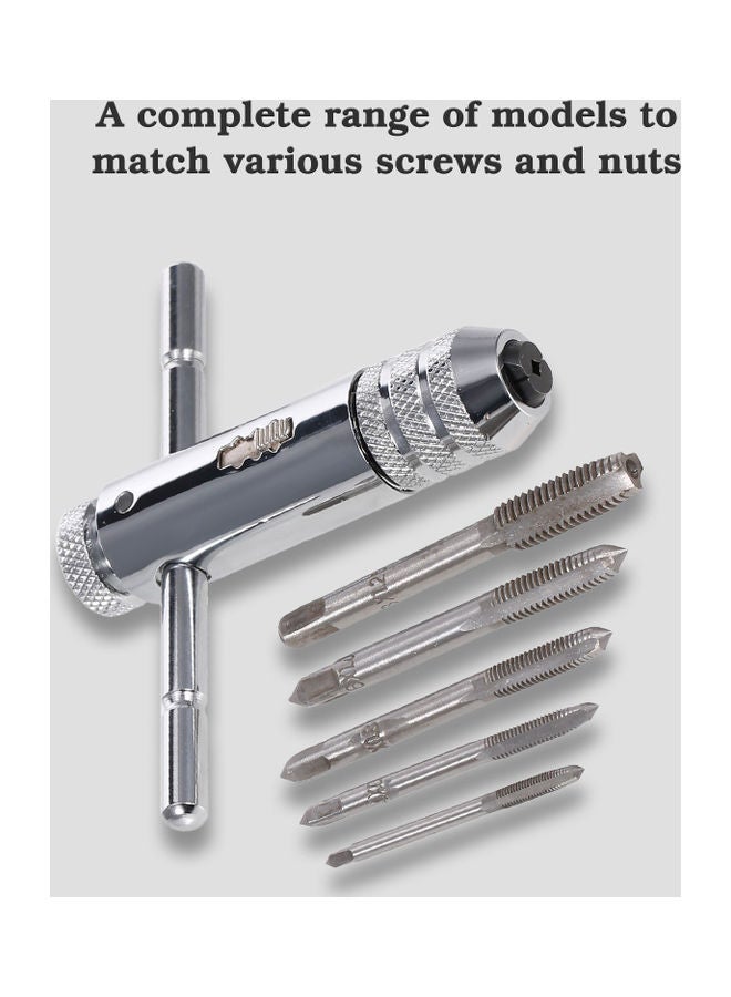 5-Piece Adjustable T-Handle Ratcheting Wrench Thread Kit with M3-M8 Machine Screw Thread Metric Plug Tap Silver - Image 4