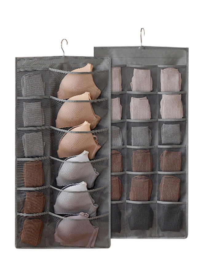 Closet Hanging Organizer Dual Sided Wall Shelf Wardrobe Storage Bags with 12 + 18 Mesh Pockets & Rotating Metal Hanger for Underwear Bra Sock Daily Necessities Grey  - Image 1