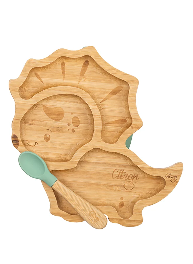 Citron Organic Bamboo Plate Suction With Spoon Dino - Pastel Green