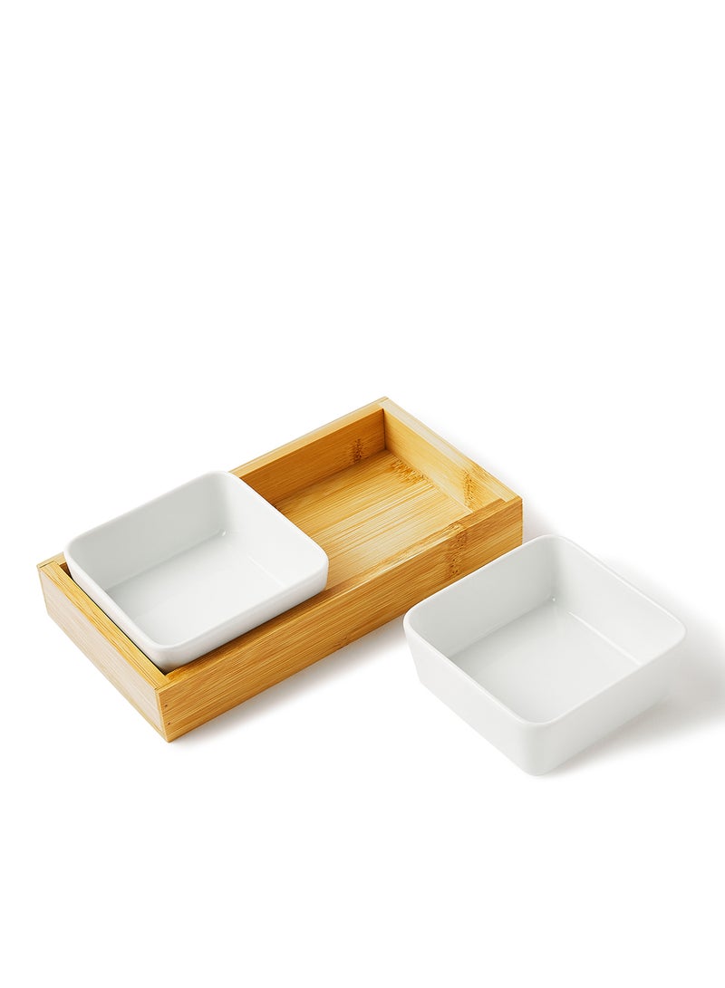 Noon East Serving Set - Made Of Bamboo & Ceramic - Serving Plate - Serving Dishes - Tray - Bowls, Tray Brown/White 20.6x47.2x29.1cm  - Image 2