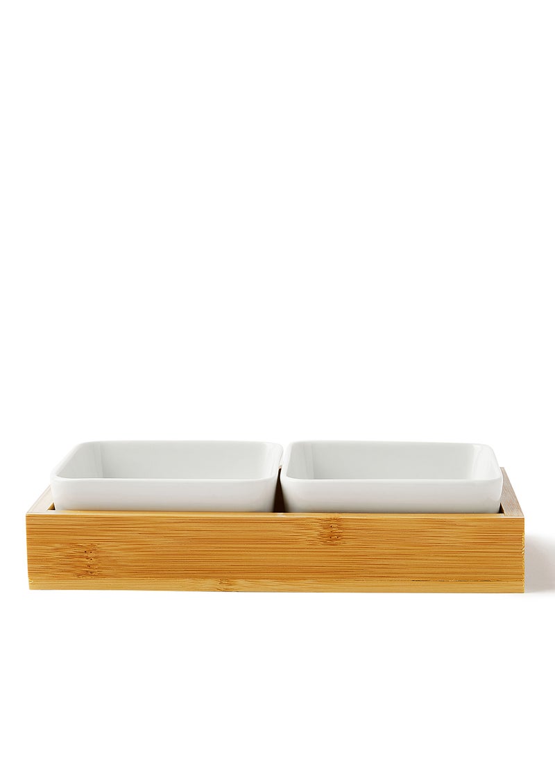 Noon East Serving Set - Made Of Bamboo & Ceramic - Serving Plate - Serving Dishes - Tray - Bowls, Tray Brown/White 20.6x47.2x29.1cm  - Image 1