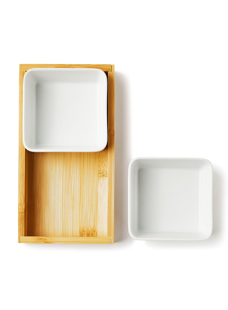 Noon East Serving Set - Made Of Bamboo & Ceramic - Serving Plate - Serving Dishes - Tray - Bowls, Tray Brown/White 20.6x47.2x29.1cm  - Image 3