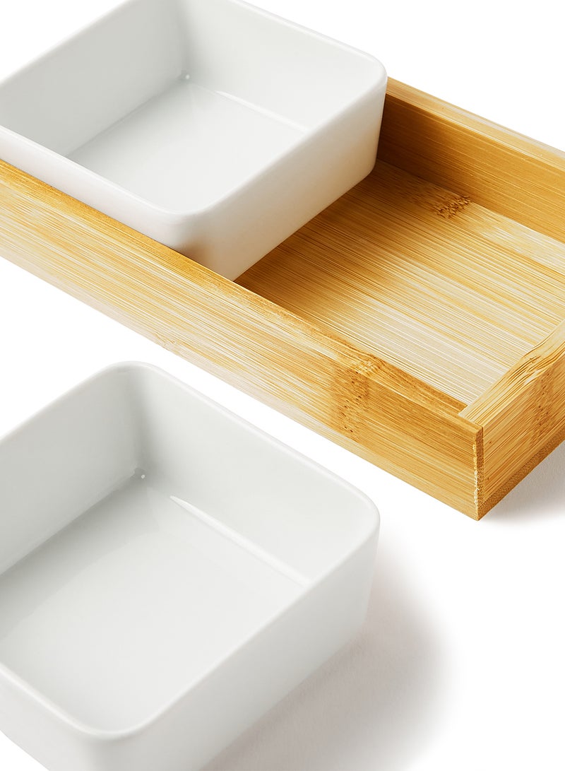 Noon East Serving Set - Made Of Bamboo & Ceramic - Serving Plate - Serving Dishes - Tray - Bowls, Tray Brown/White 20.6x47.2x29.1cm  - Image 4