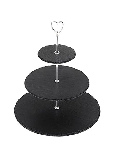 Natural Stone 3 Tier Round Slate Cake Stand With Chrome Carry Loop Black 25X30cm