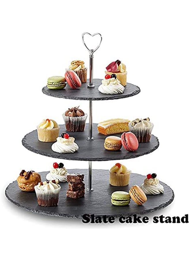 Lushh - Natural Stone 3 Tier Round Slate Cake Stand With Chrome Carry Loop Black 25X30cm - Image 1
