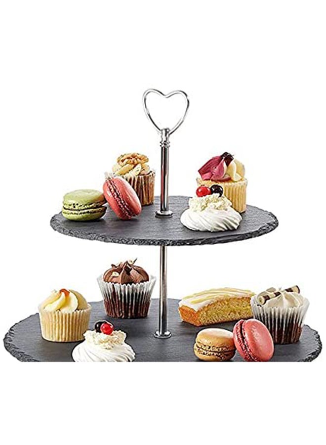 Lushh - Natural Stone 3 Tier Round Slate Cake Stand With Chrome Carry Loop Black 25X30cm - Image 1