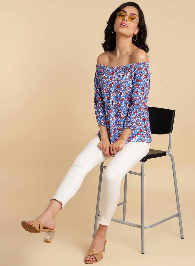 Aila Floral Print Off Shoulder Top blue/ pink multicolor  - Image 3