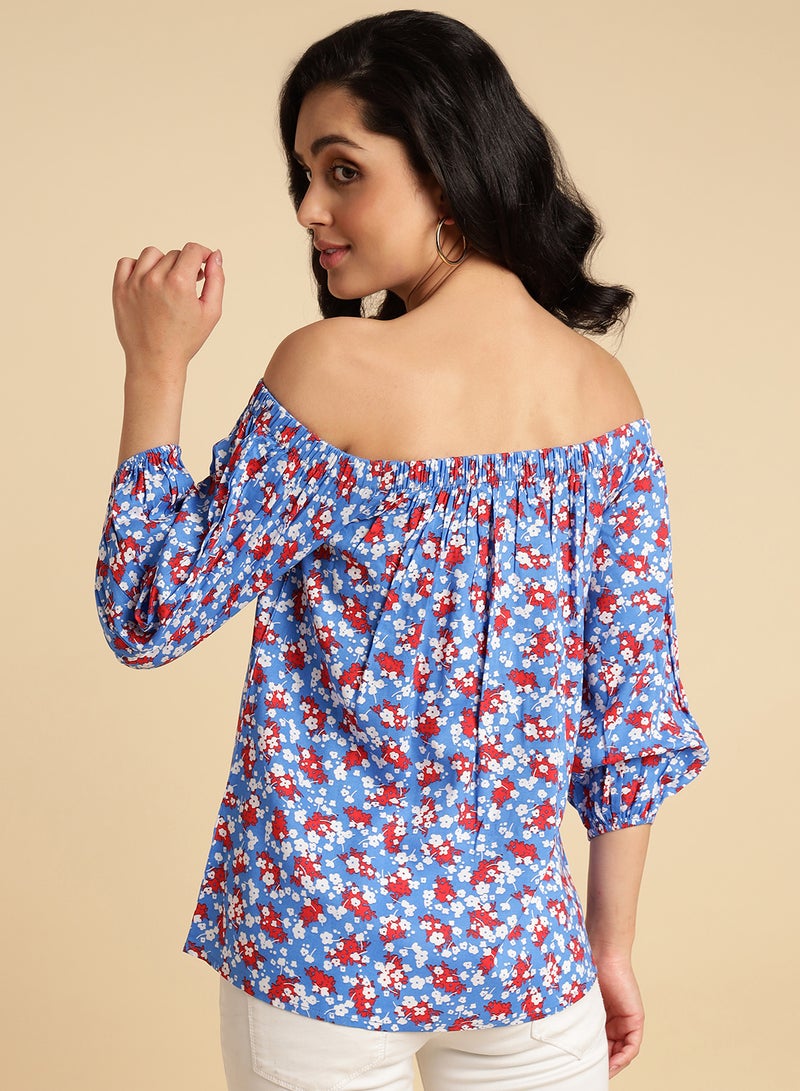 Aila Floral Print Off Shoulder Top blue/ pink multicolor  - Image 2