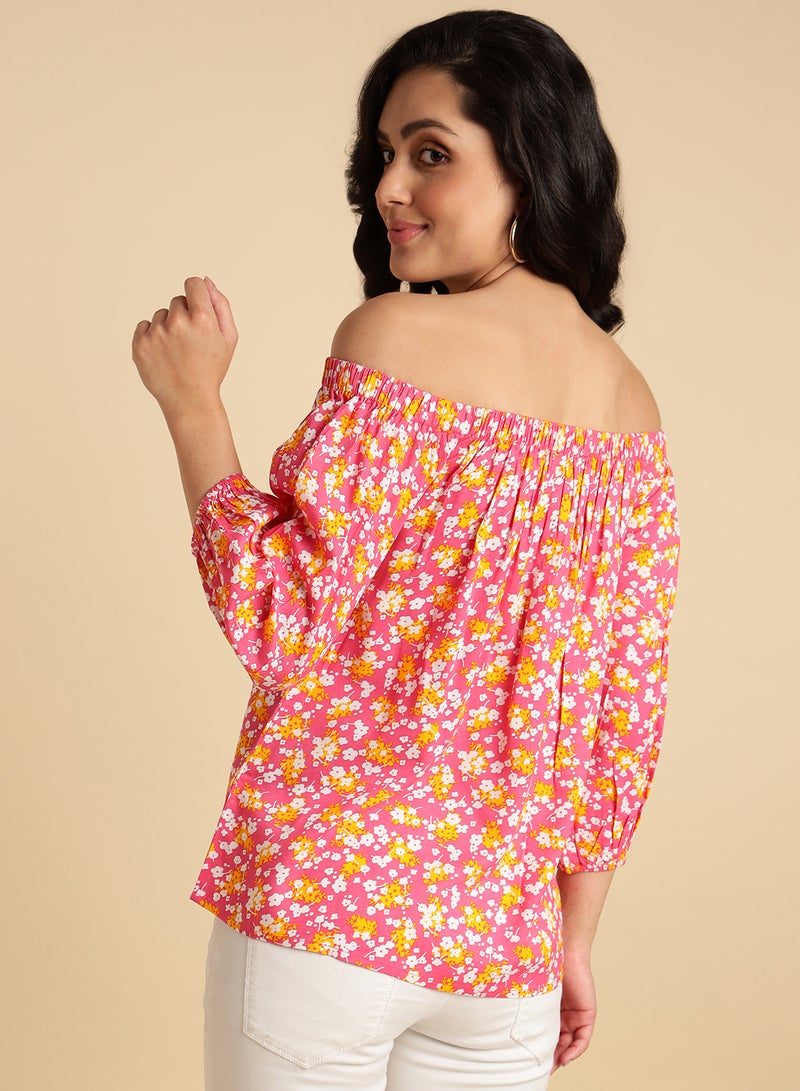 Aila Floral Print Off Shoulder Top red multicolor  - Image 2