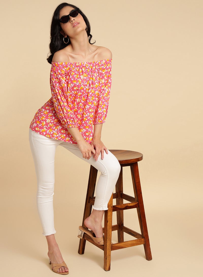 Aila Floral Print Off Shoulder Top red multicolor  - Image 3