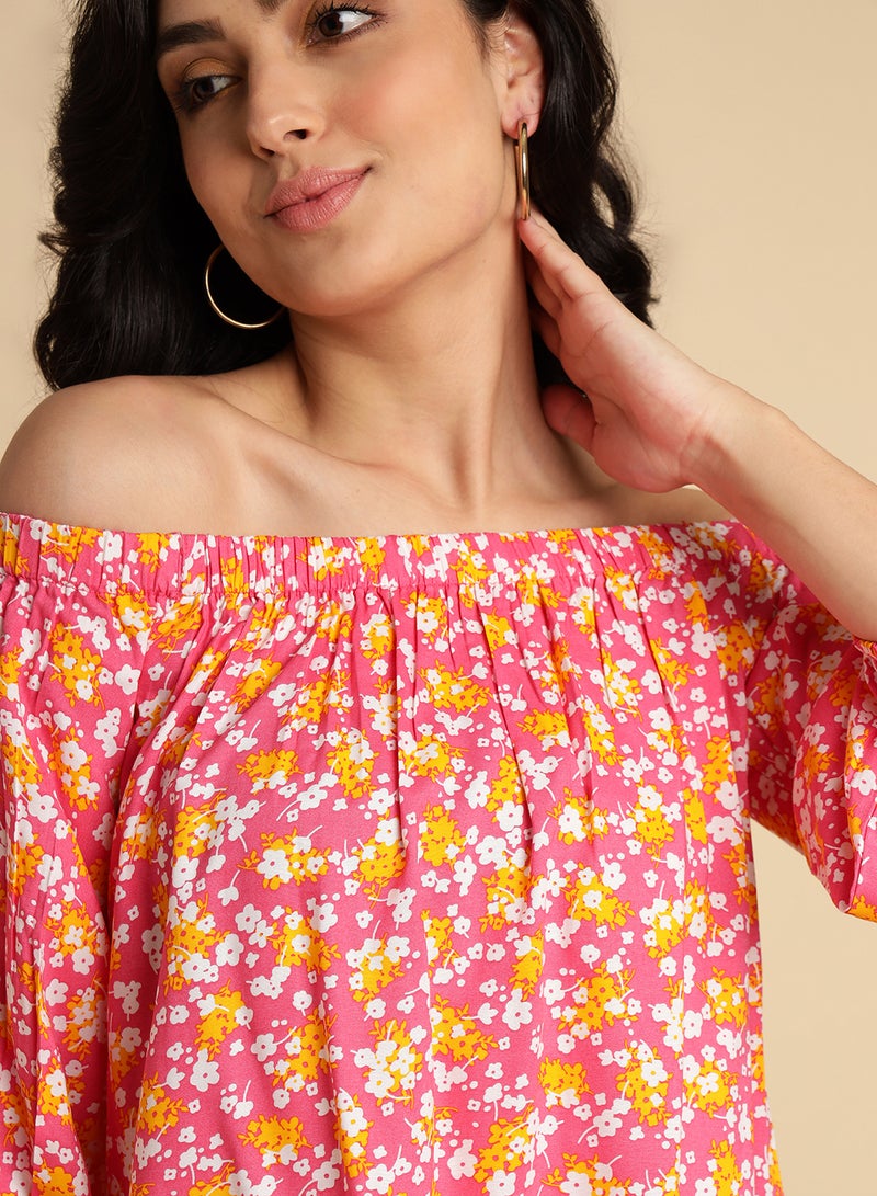 Aila Floral Print Off Shoulder Top red multicolor  - Image 4