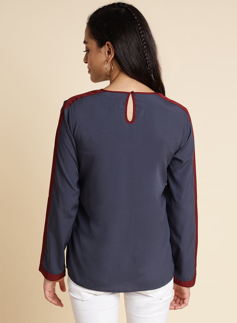 Aila Striped Detailed Top Dark Blue - Image 2