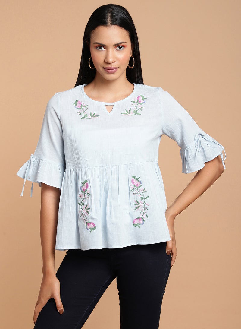 Aila - Floral Embroidered Ruffle Top Sky Blue - Image 1