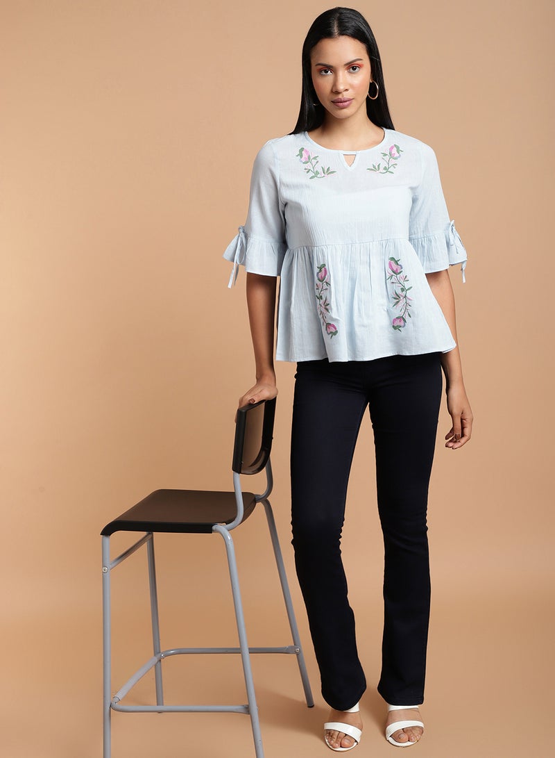 Aila - Floral Embroidered Ruffle Top Sky Blue - Image 1