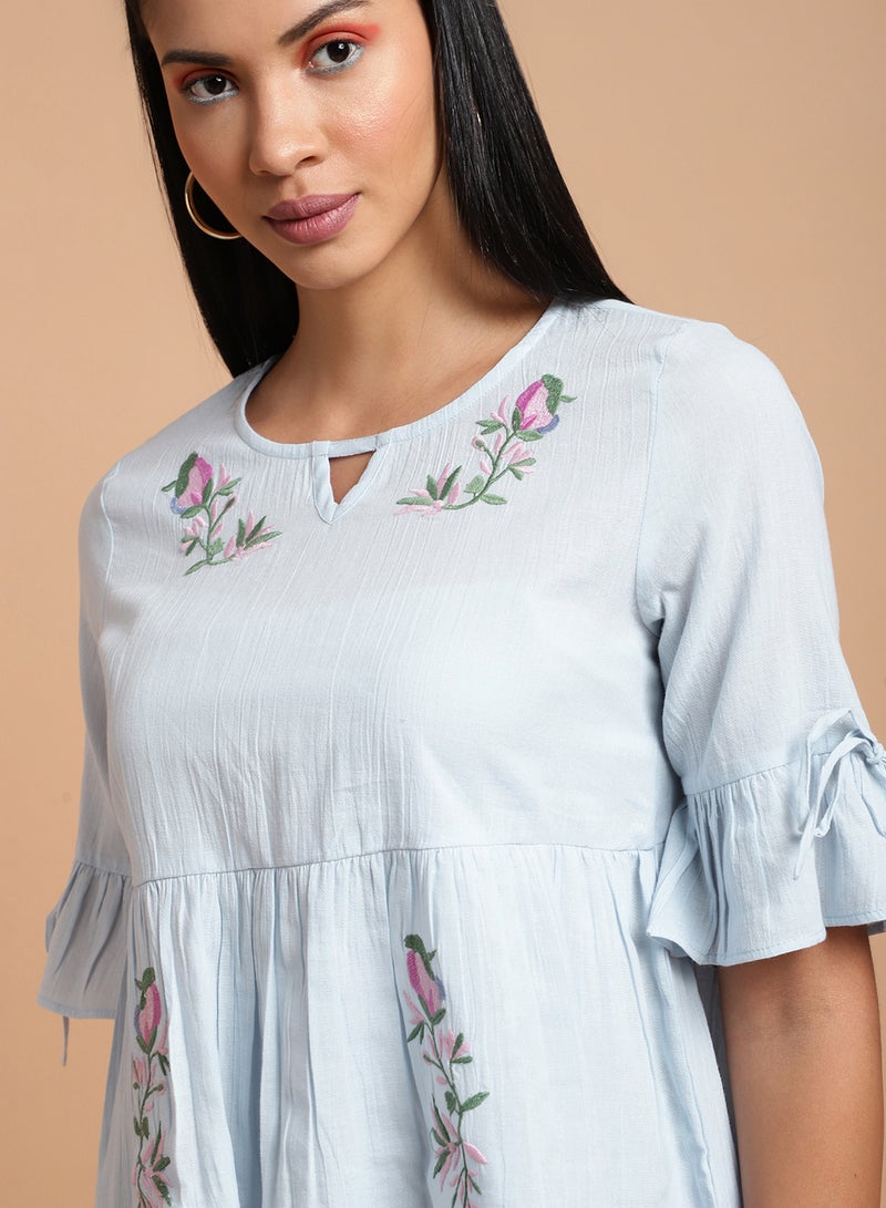 Aila - Floral Embroidered Ruffle Top Sky Blue - Image 1