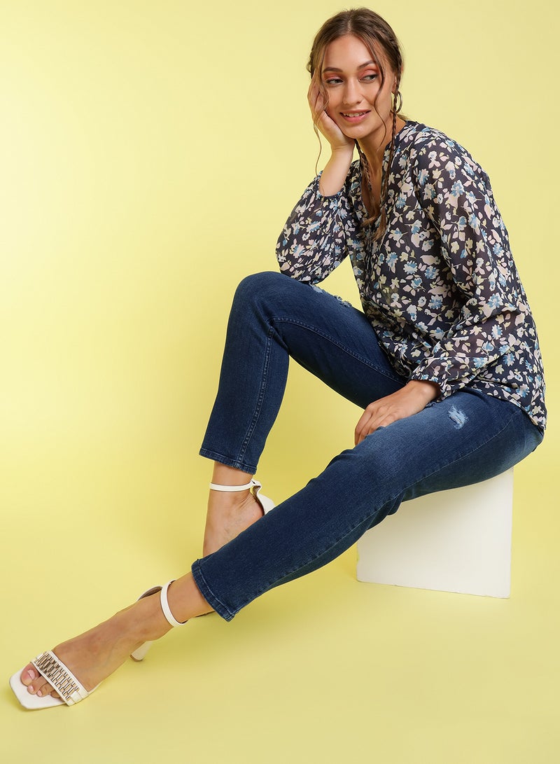 Aila - Casual Top Navy/White - Image 1