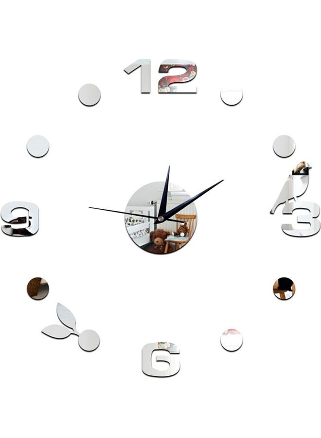 ماستون ساعة حائط لاصقة بتصميم ثلاثي الأبعاد لأوراق وطيور فضي - Image 1