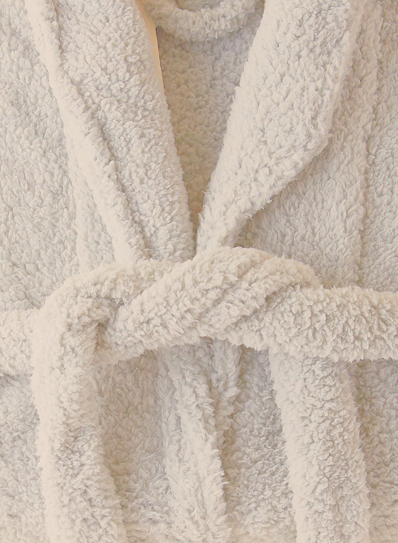 Noon East Bathrobe - 240 GSM Faux Fur Fleece Ultra Soft, Soft Touch - Shawl Collar & Pocket - Taupe Color - 1 Piece Taupe  - Image 3