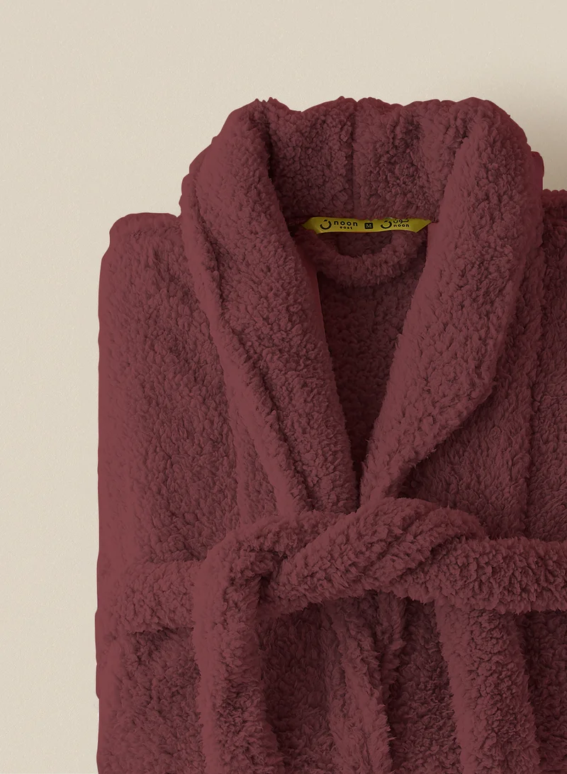 Noon East Bathrobe - 240 GSM Faux Fur Fleece Ultra Soft, Soft Touch - Shawl Collar & Pocket - Wine Red Color - 1 Piece