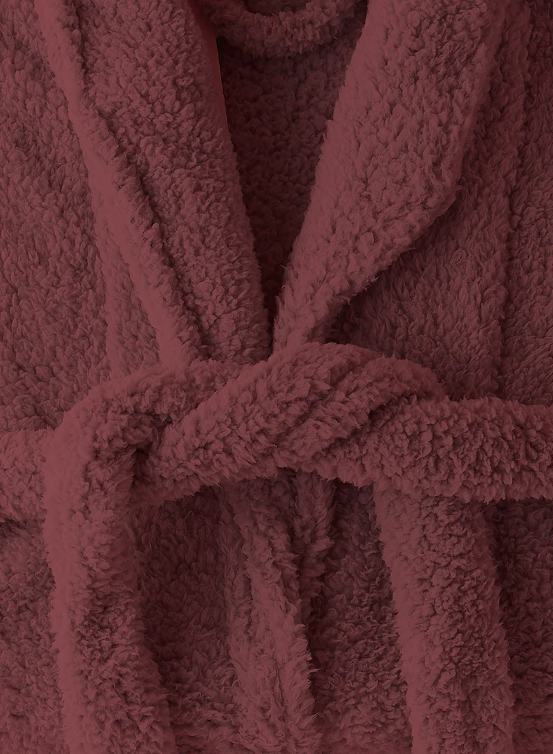 Noon East Bathrobe - 240 GSM Faux Fur Fleece Ultra Soft, Soft Touch - Shawl Collar & Pocket - Wine Red Color - 1 Piece Wine Red
