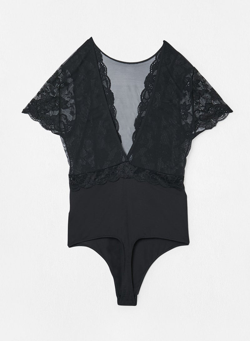 PIECES - Lace Trim Bodysuit Black - Image 1