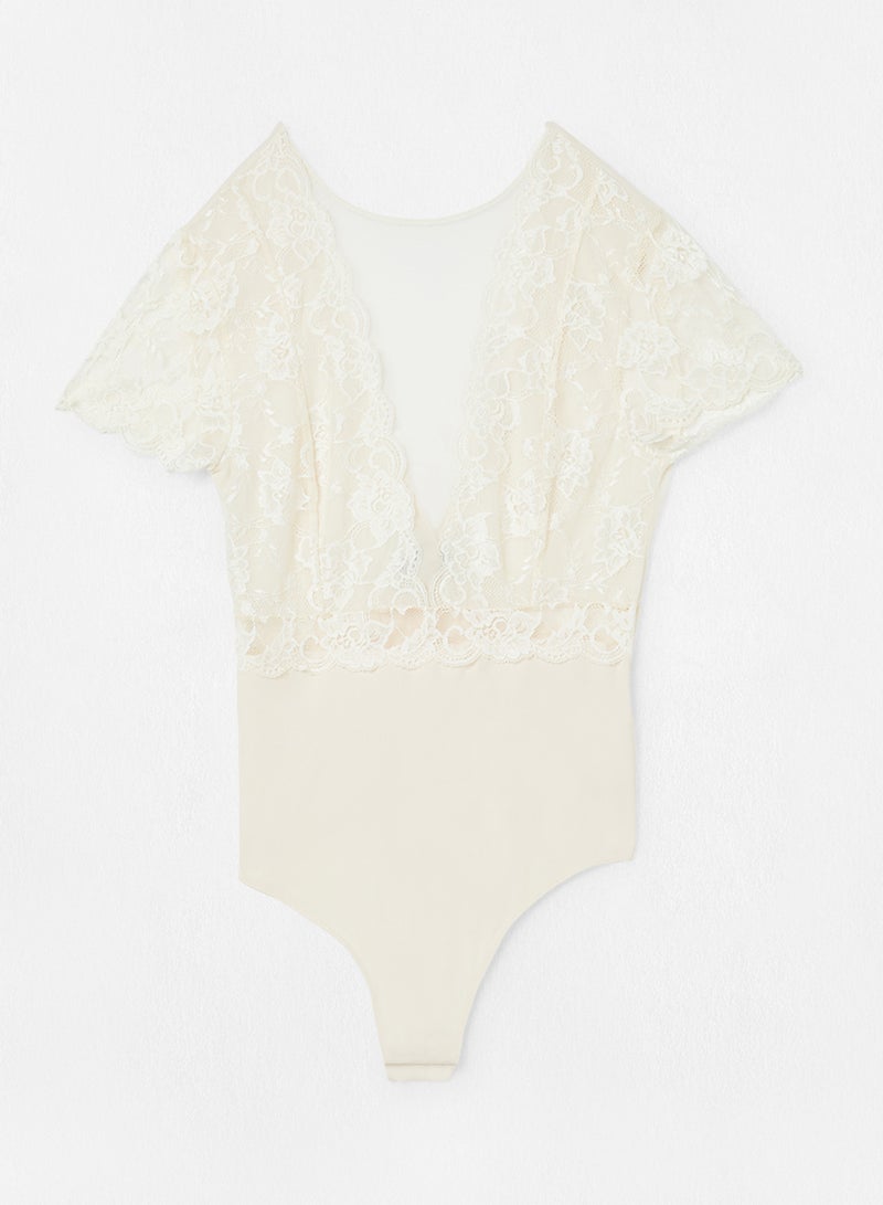 PIECES - Lace Trim Bodysuit White - Image 1