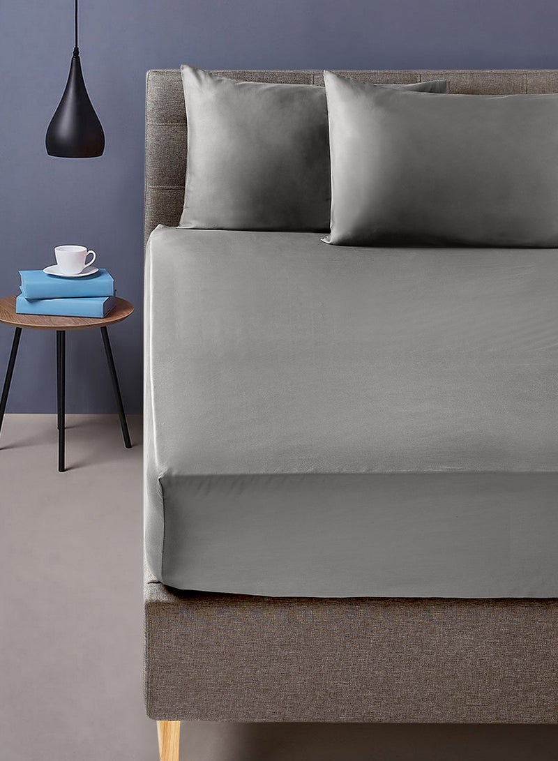 Noon East Fitted Bedsheet Set Single Size  100% Organic Cotton Premium Quality 220 TC Breathable And Soft 1 Bed Sheet And 2 Pillow Cases Grey Color Grey 120 x 200 + 33cm - Image 1
