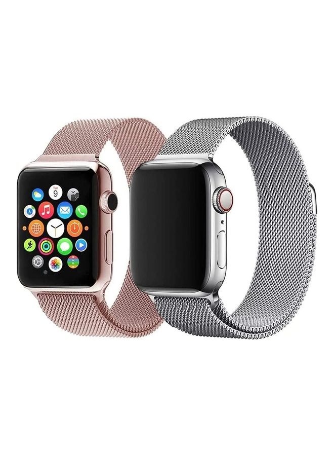 MARGOUN 2-Piece Milanese Replacement Bands For Apple Watch SE/6/5/4/3/2/1 42/44mm Silver/Pink - Image 1