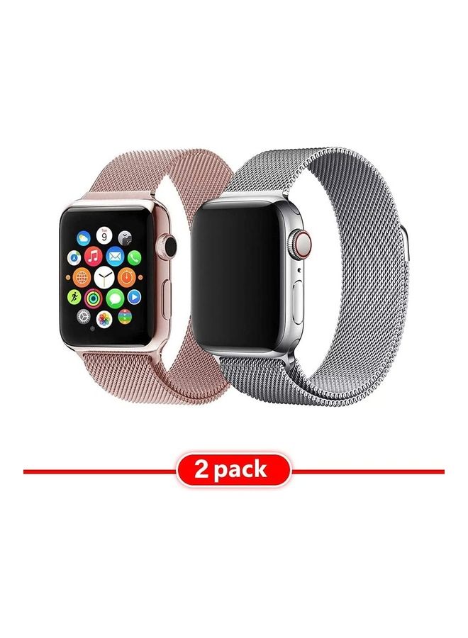 MARGOUN 2-Piece Milanese Replacement Bands For Apple Watch SE/6/5/4/3/2/1 42/44mm Silver/Pink - Image 2