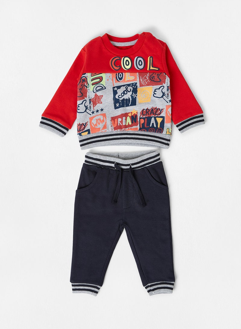 Babybol - Baby Graphic Print Sweatshirt and Joggers Set Red - Image 1