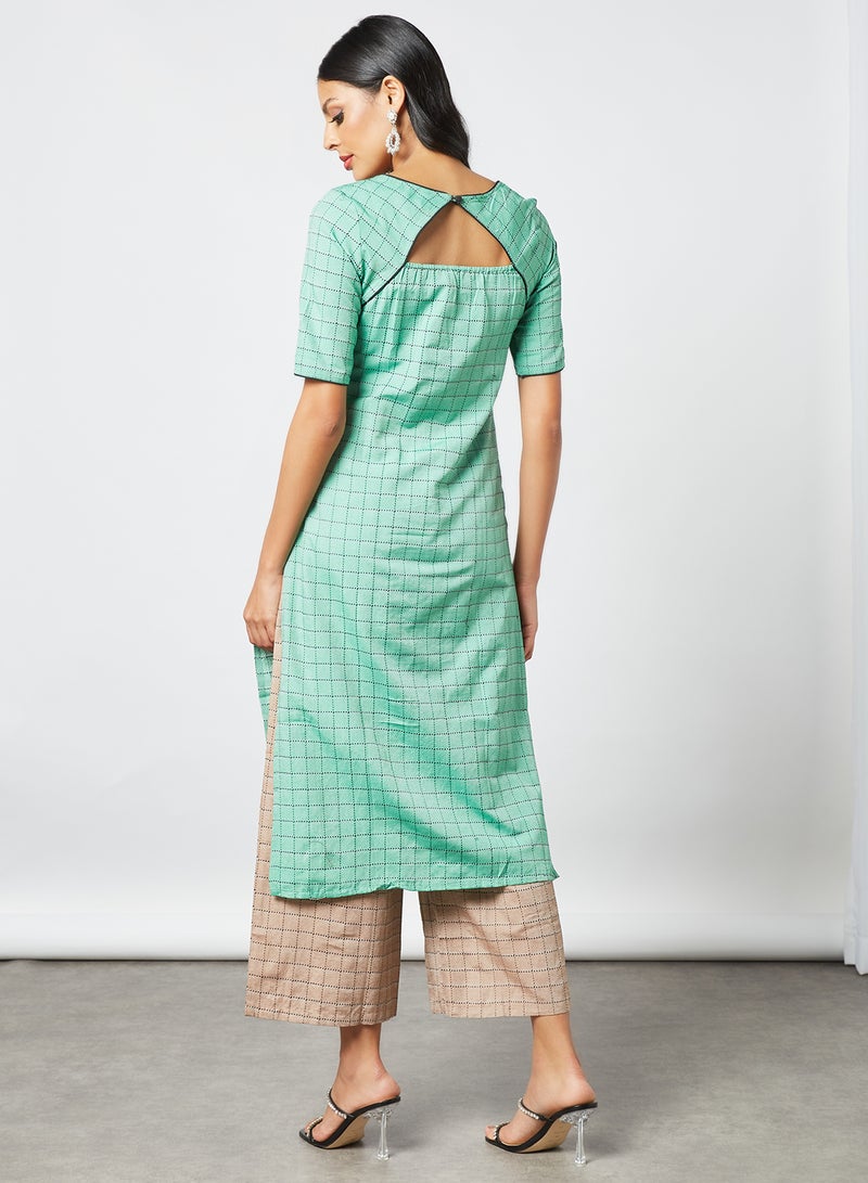 AKS - Geometric Print Kurta and Pants Set Green/Beige - Image 1