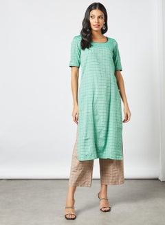 Geometric Print Kurta and Pants Set Green/Beige