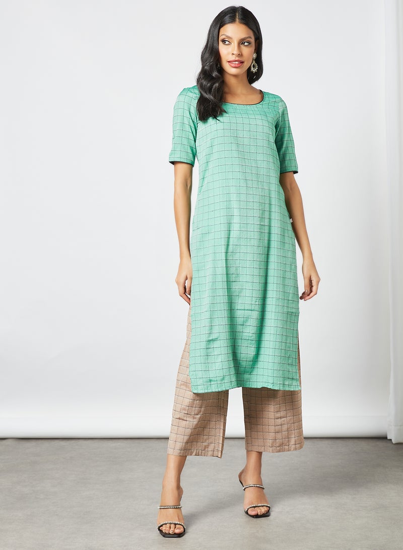 AKS - Geometric Print Kurta and Pants Set Green/Beige - Image 1