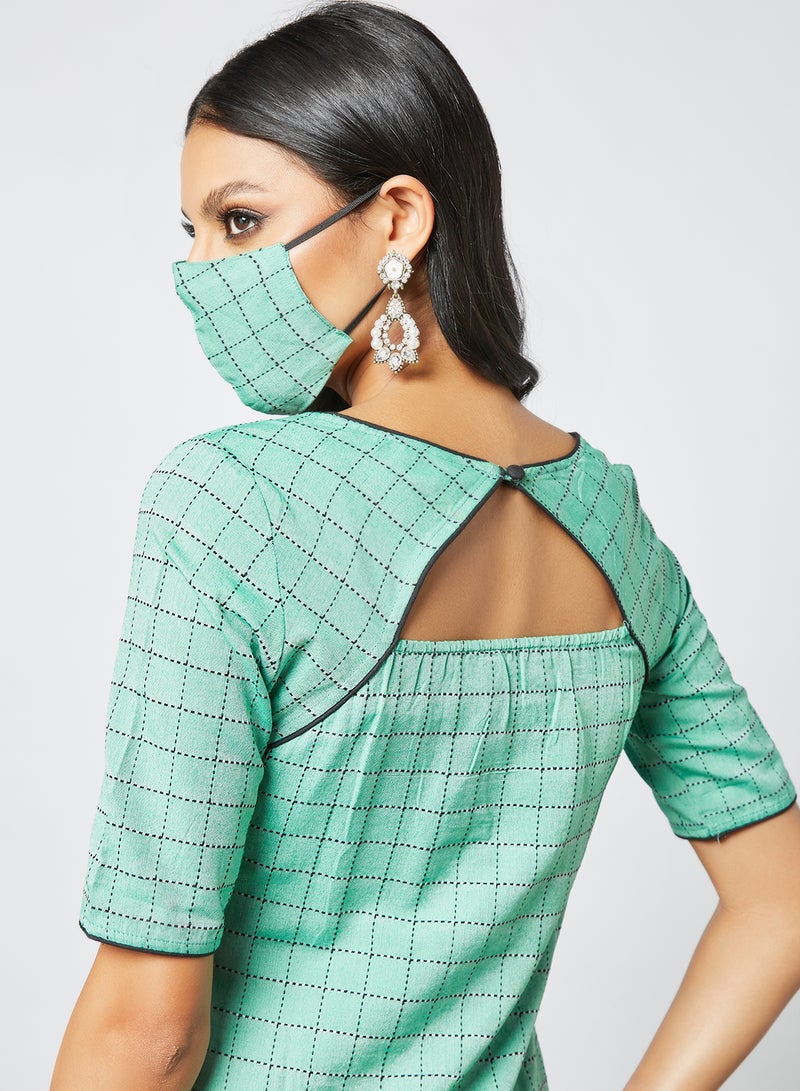 AKS - Geometric Print Kurta and Pants Set Green/Beige - Image 1