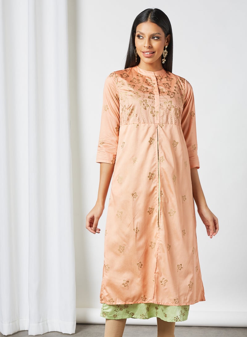 AKS - Printed Twin-Layer Kurta Peach/Green - Image 1