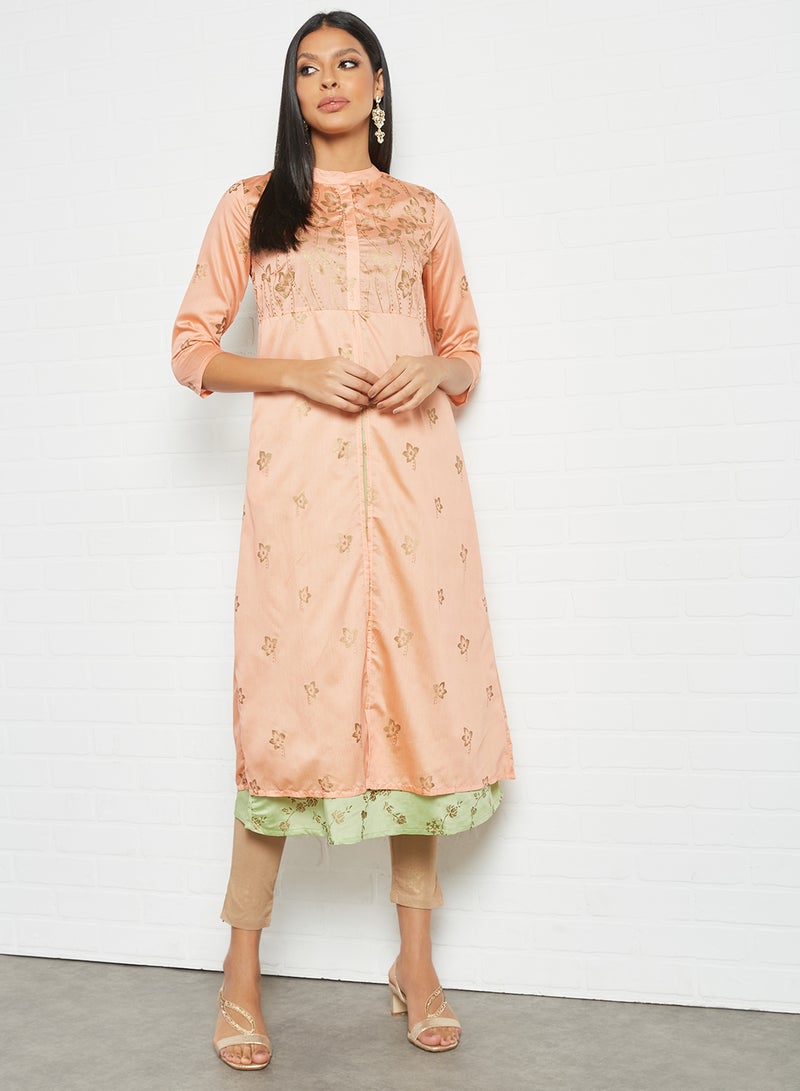 AKS - Printed Twin-Layer Kurta Peach/Green - Image 1