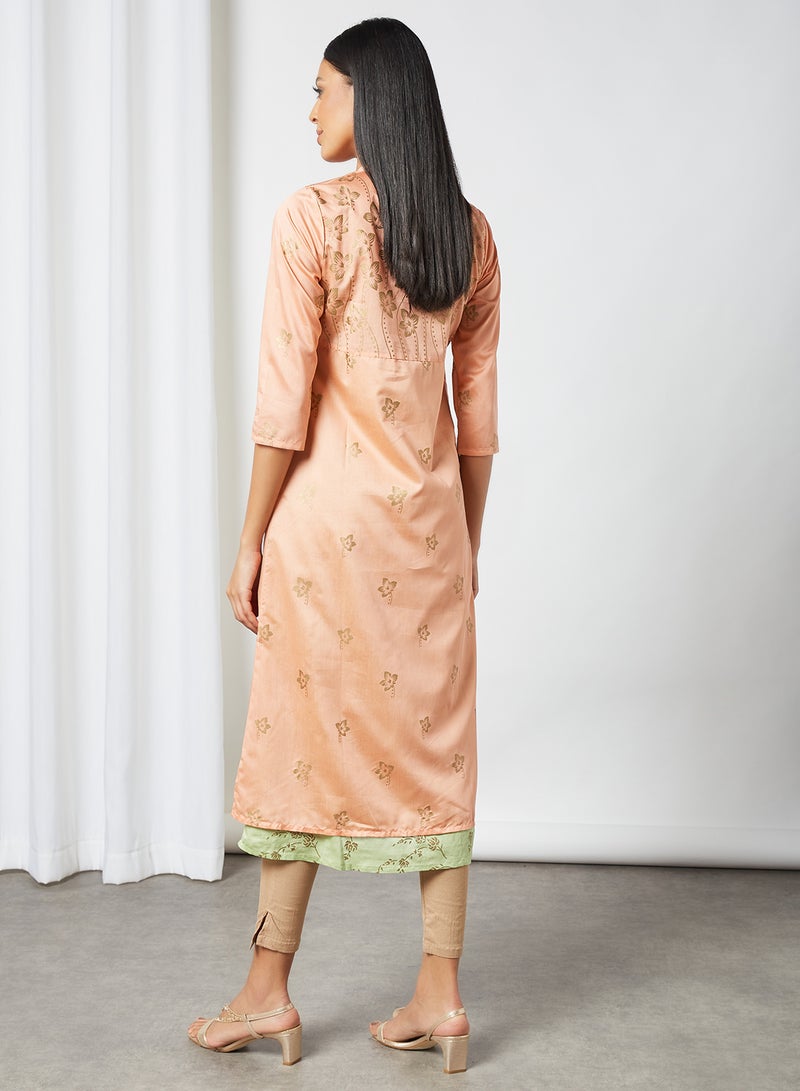 AKS - Printed Twin-Layer Kurta Peach/Green - Image 1