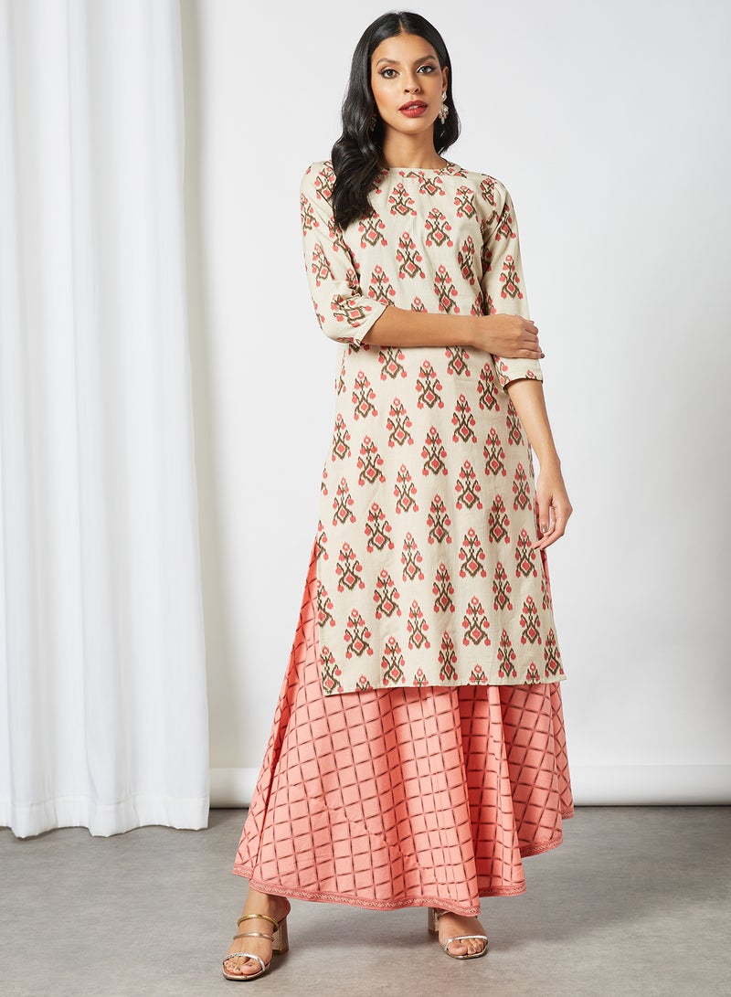 Ikat Print Kurta and Skirt Set Cream/Pink - v1629964819/N47568668V_1