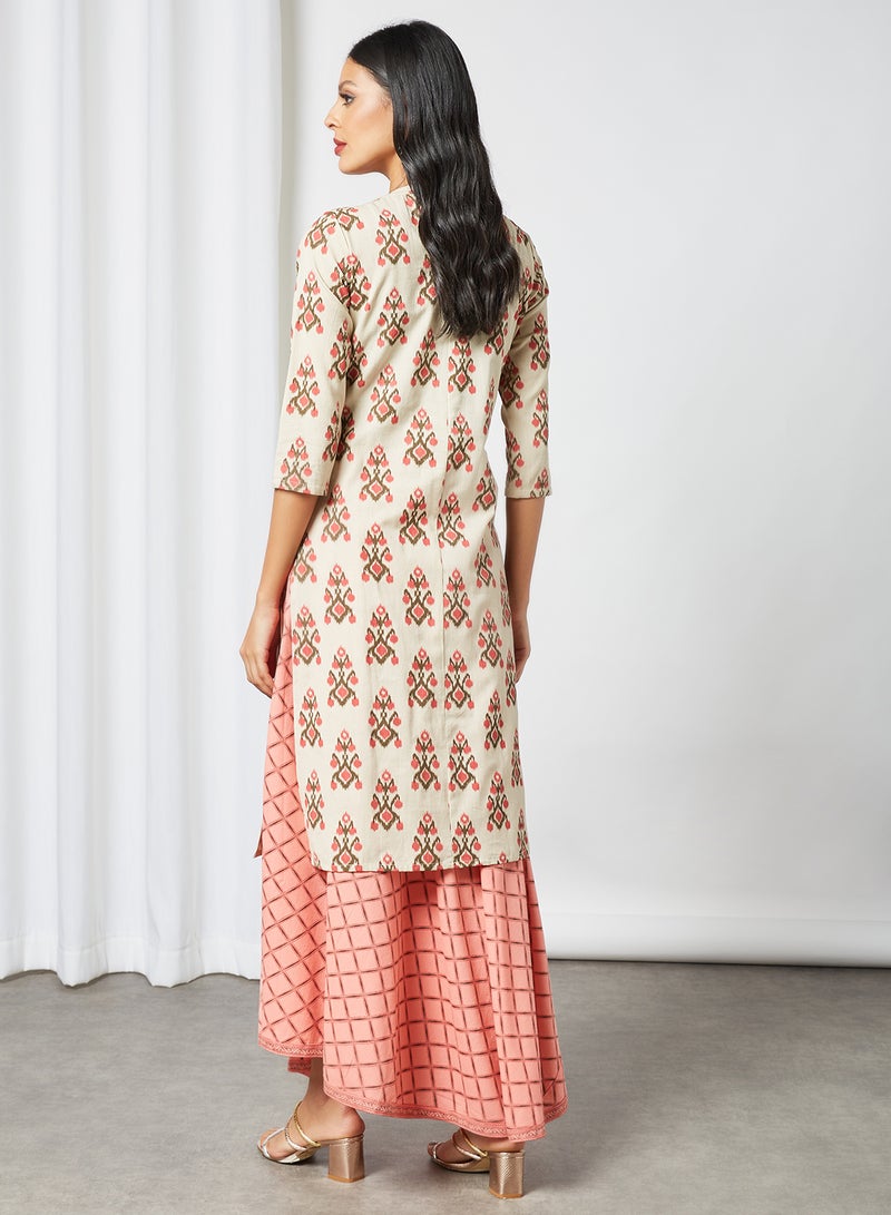 Ikat Print Kurta and Skirt Set Cream/Pink - v1629964819/N47568668V_3