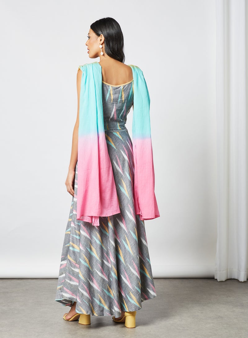 AKS - Ikat Print 3-Piece Lehenga Set Grey - Image 1