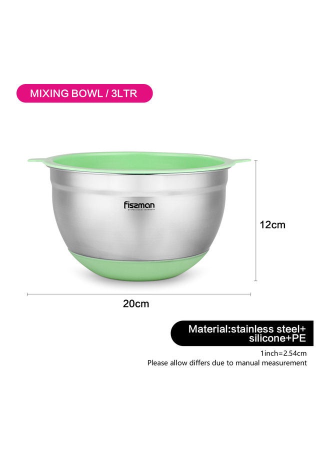 فيسمان وعاء خلط سعة 3 لترات من الفولاذ المقاوم للصدأ 18/10 (INOX 304) تصميم موفر للمساحة وقابل للتكديس مع قاعدة سيليكون غير قابلة للانزلاق وغطاء أخضر - Image 2