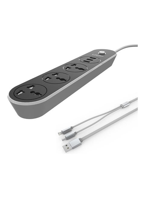 3-Power Socket with 3 USB Port and Data Sync Charging Cable Black 282.3 x 58.4 x 32.8mm