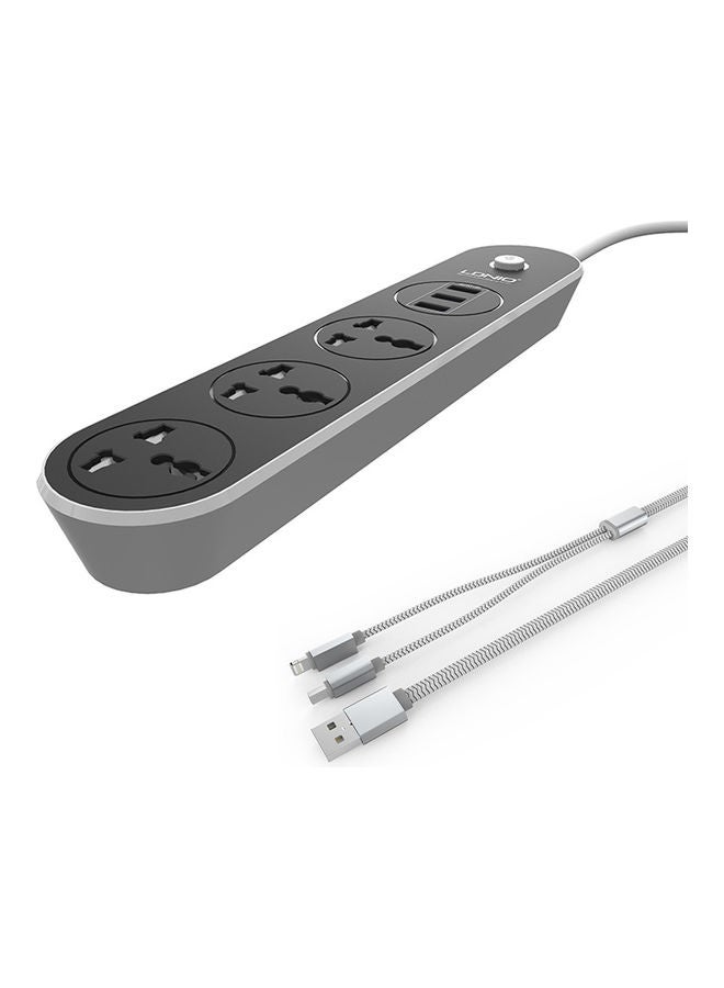 3-Power Socket with 3 USB Port and Data Sync Charging Cable Black 282.3 x 58.4 x 32.8mm