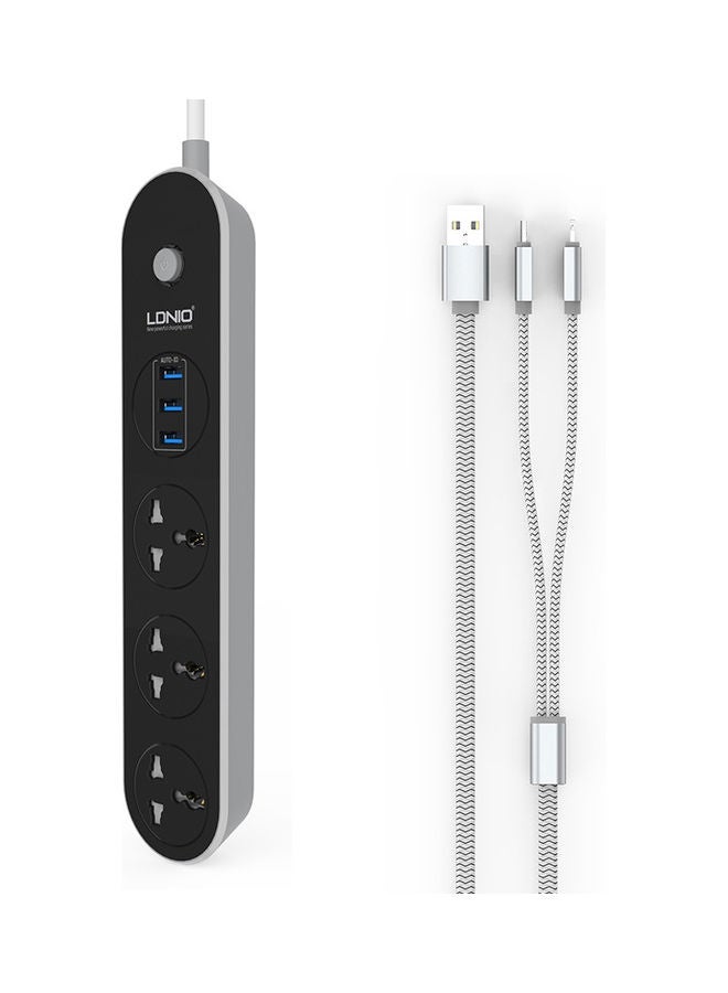 3-Power Socket with 3 USB Port and Data Sync Charging Cable Black 282.3 x 58.4 x 32.8mm
